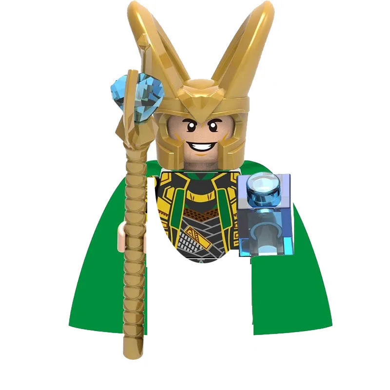 A golden horror movie icon building block featuring a face and a sword, set against a green background.