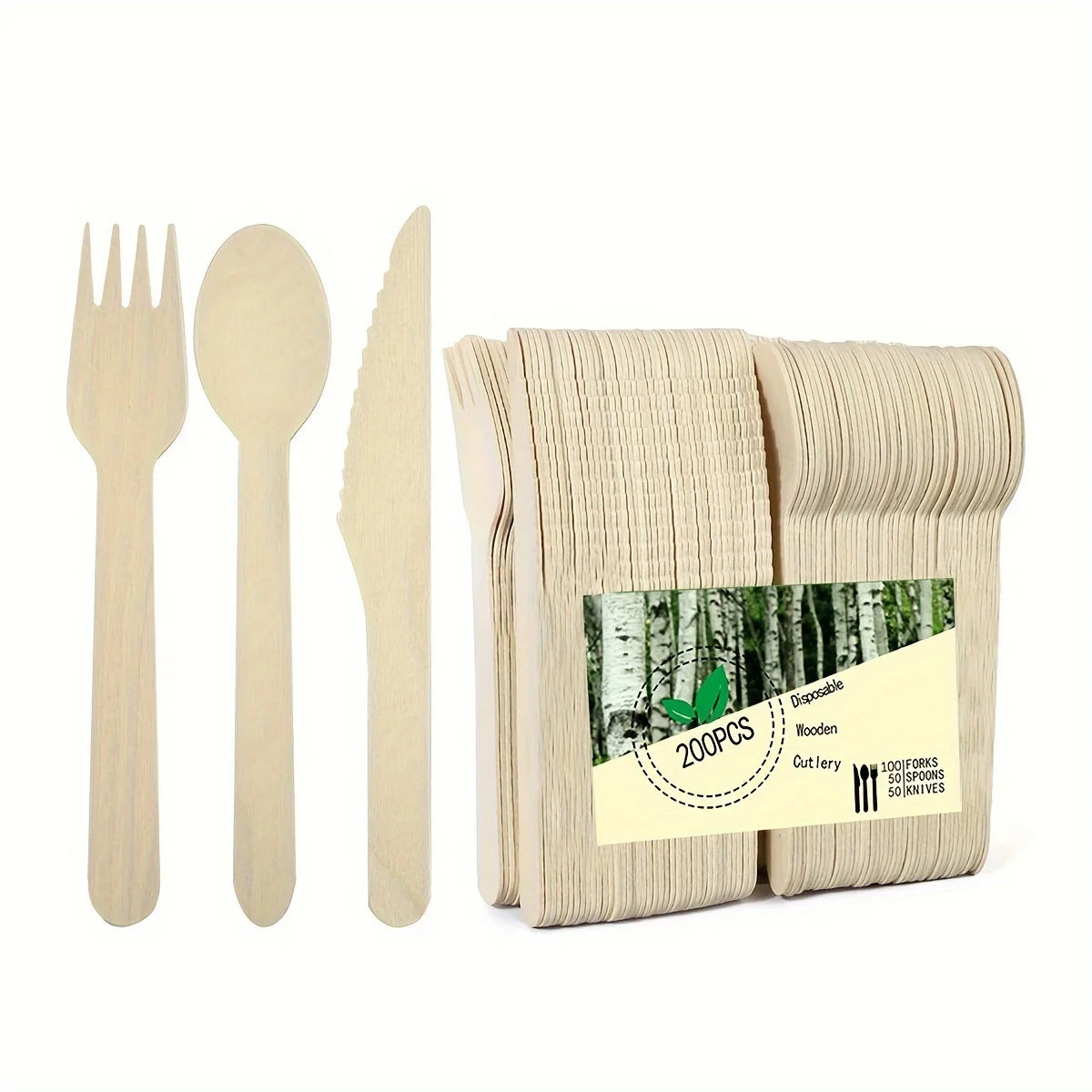 A set of eco-friendly wooden cutlery including a fork, spoon, and knife packaged for events.