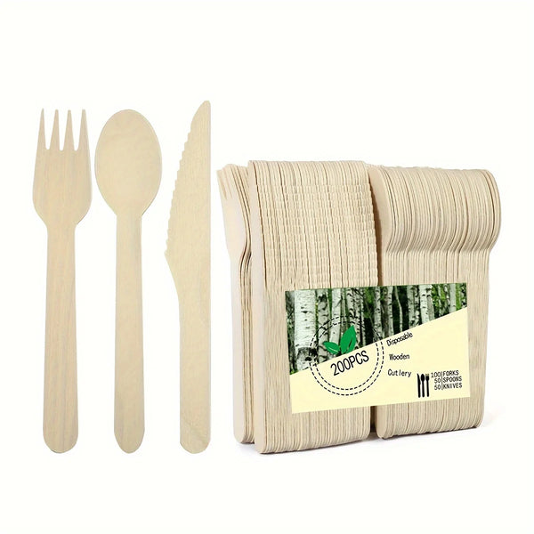 A set of eco-friendly wooden cutlery including a fork, spoon, and knife packaged for events.