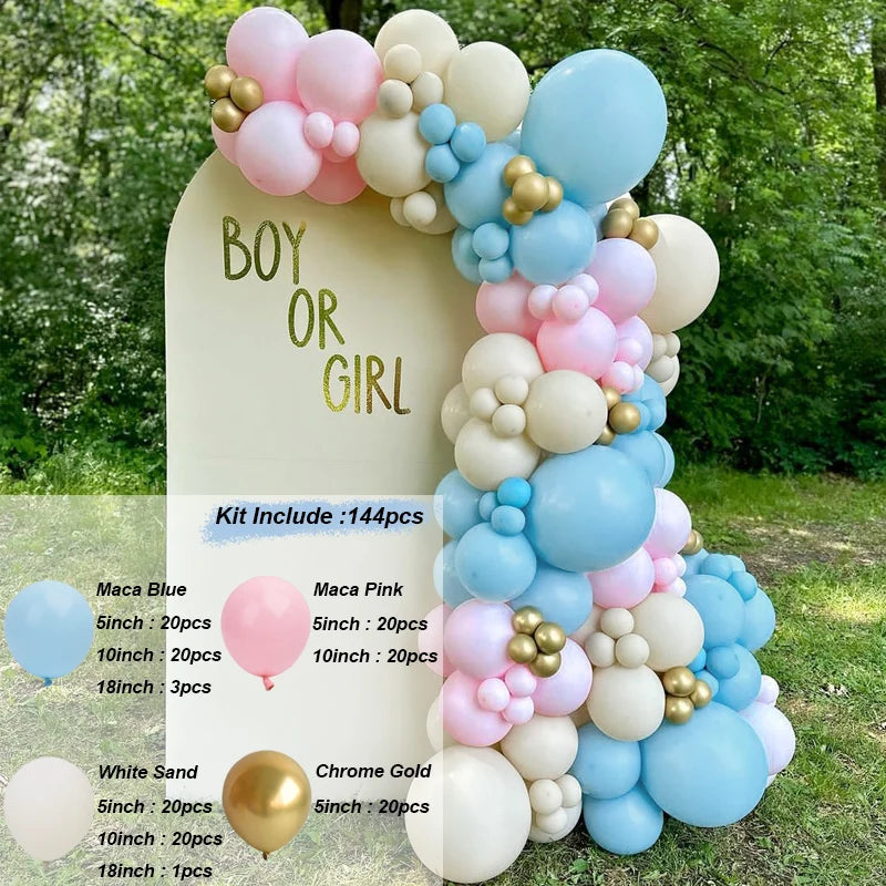 A balloon garland kit featuring pink, blue, and white balloons arranged on a vertical sign.