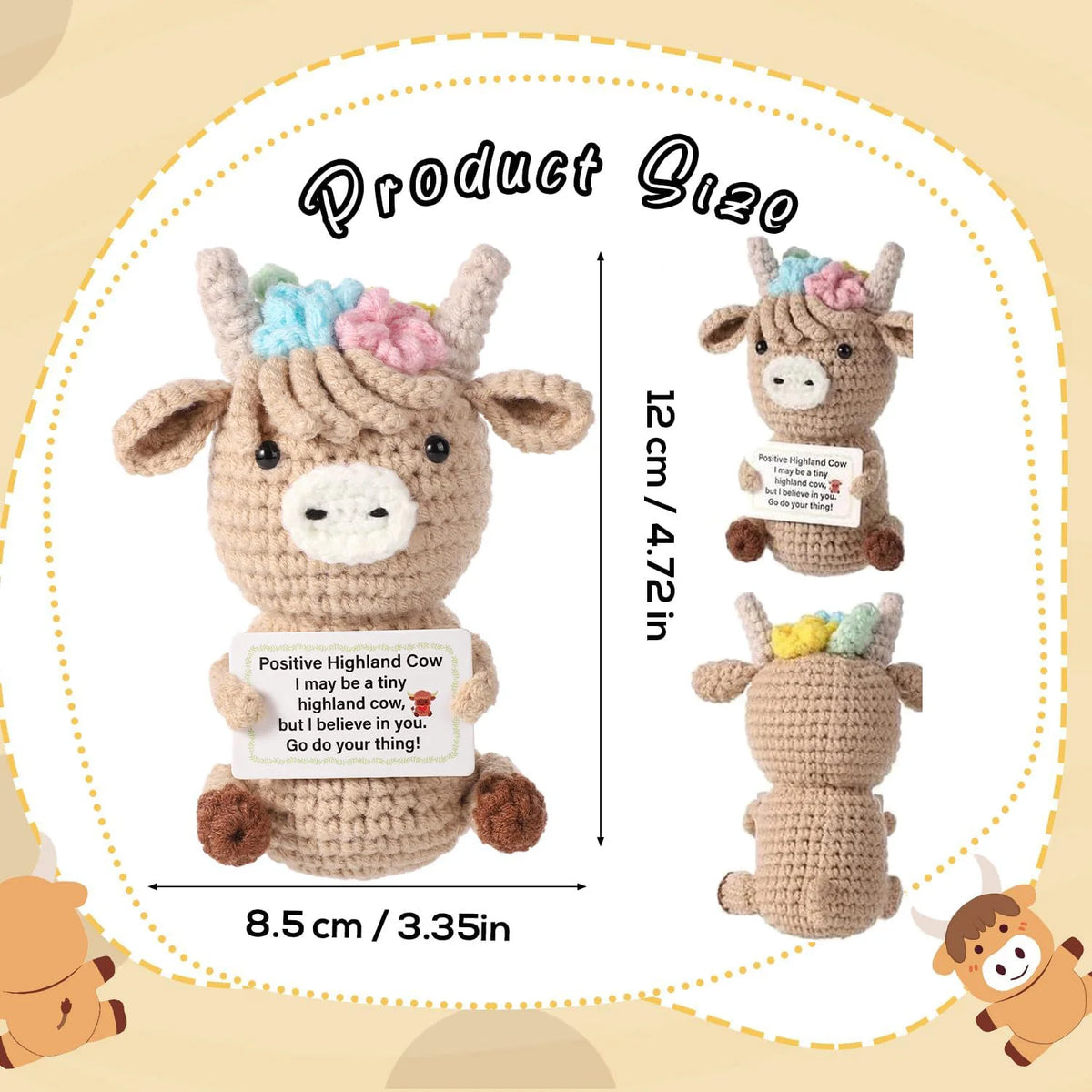 Handmade crochet Highland cow potato doll with an inspirational card