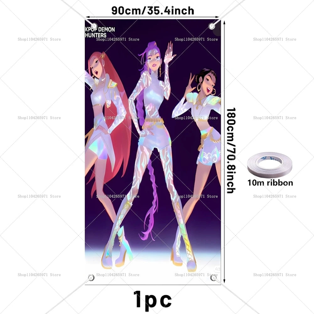 A vertical backdrop featuring three female figures in elaborate, glowing outfits against a purple background.