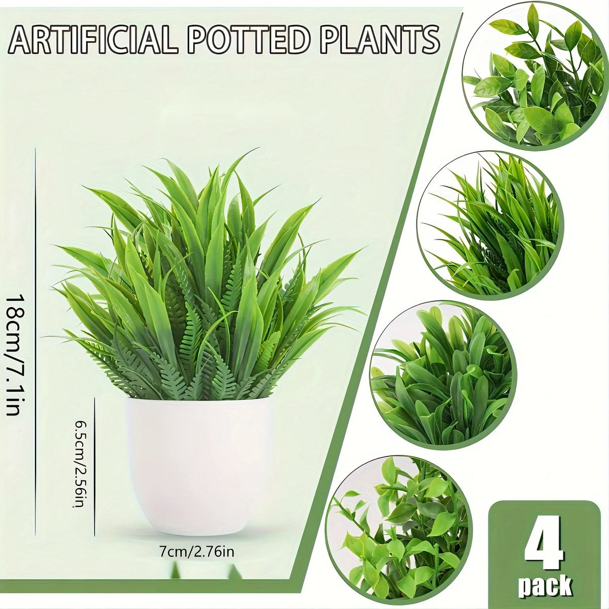 A set of four artificial potted plants in green foliage displayed with size measurements.