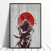 A vertical canvas print featuring a stylized samurai warrior silhouette against a large red sun background.
