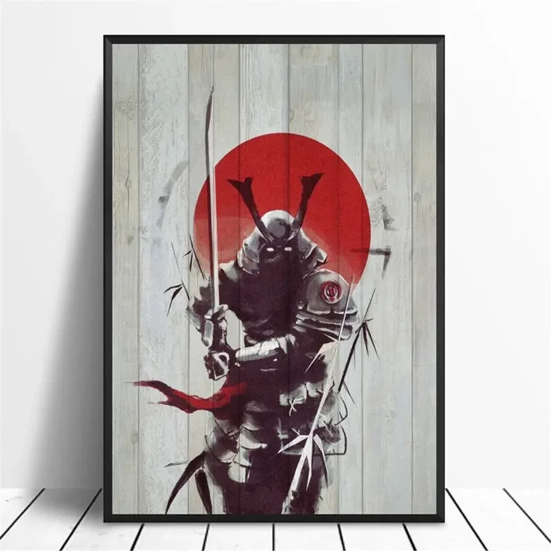 A vertical canvas print featuring a stylized samurai warrior silhouette against a large red sun background.