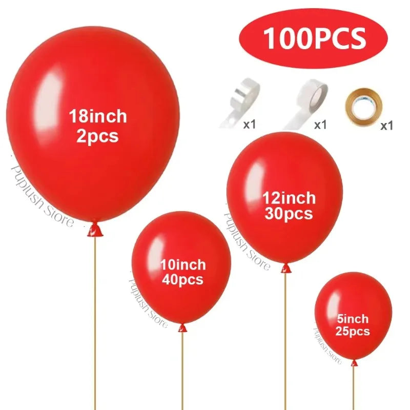 A collection of red latex balloons in various sizes including 18 inch, 12 inch, 10 inch, and 5 inch, along with accessories.