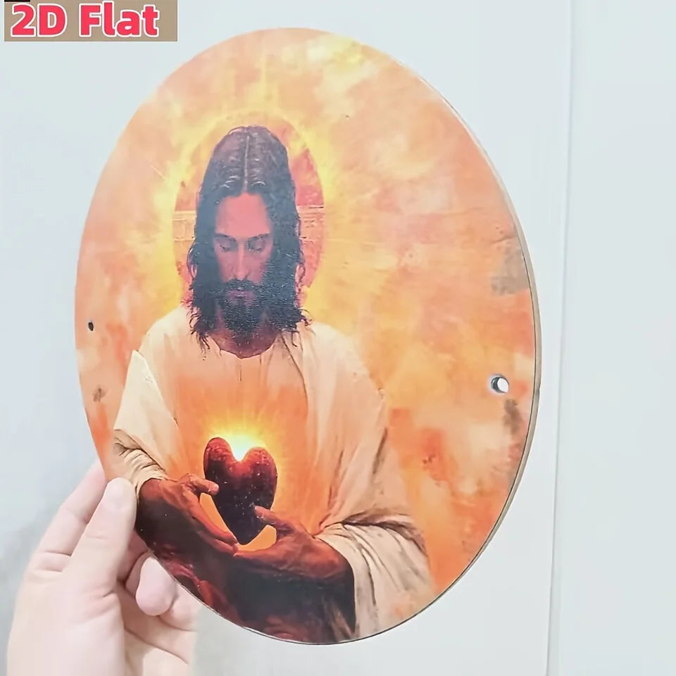 Round religious art depicting the Sacred Heart of Jesus with a halo against an orange background.