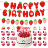Strawberry birthday party decoration set featuring a banner and cake toppers