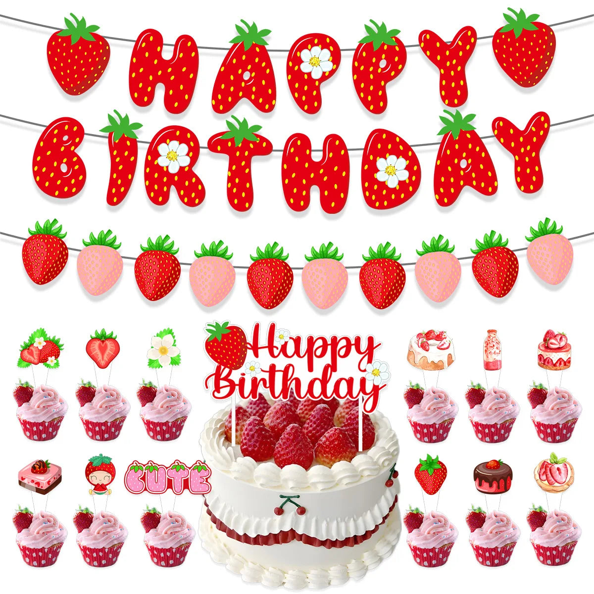 Strawberry birthday party decoration set featuring a banner and cake toppers