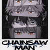 Anime poster featuring three characters with spiky hair and intense expressions, with the Chainsaw Man title below.