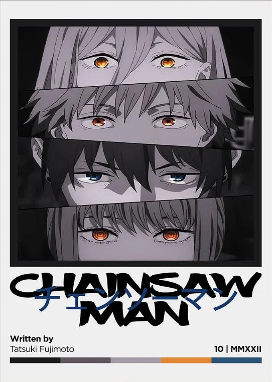 Anime poster featuring three characters with spiky hair and intense expressions, with the Chainsaw Man title below.