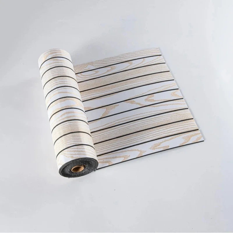 Roll of 3D wood grain self-adhesive wallpaper featuring light beige and black stripes.
