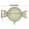 A light beige foil balloon shaped like a bear with the word Anniversary written on it.