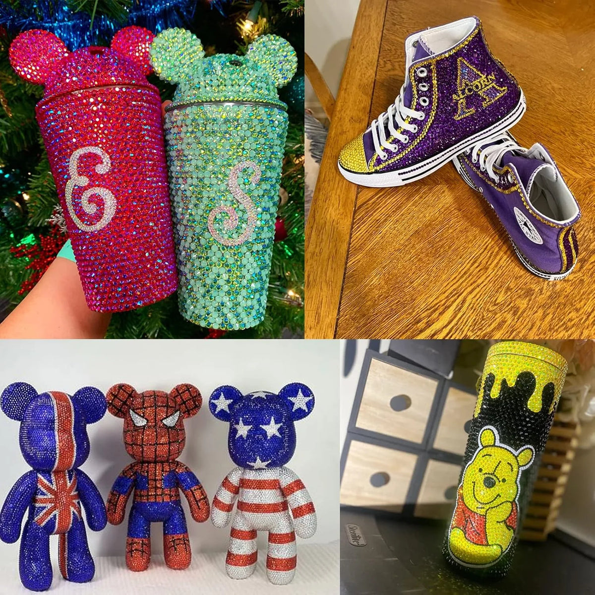 A collection of three plush toys featuring various colors and patterns, including a purple and gold Pokemon-style figure.