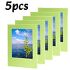Five light green magnetic photo frames displayed in a row.