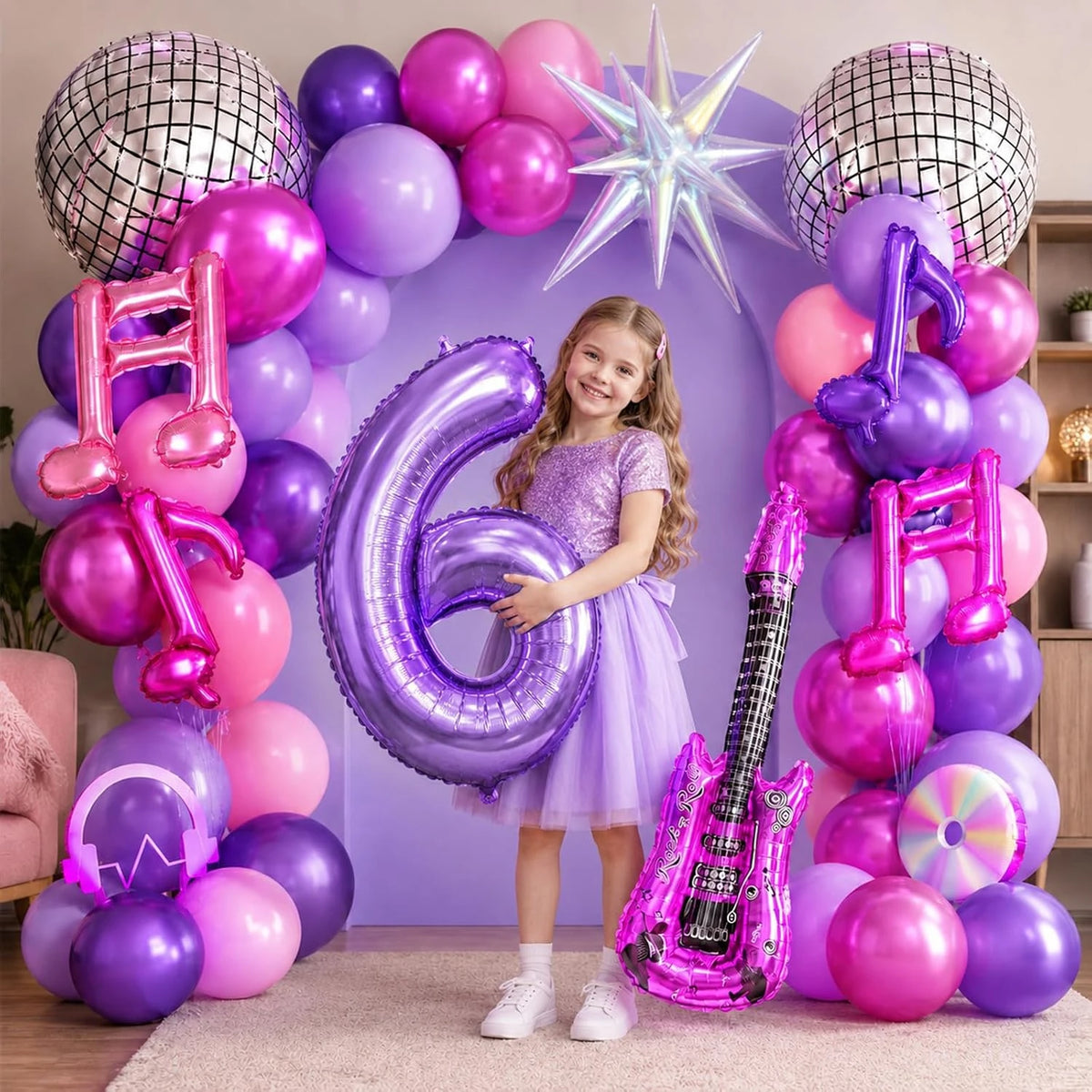 Purple music theme birthday party decorations featuring balloons and a guitar for a K-Pop celebration