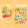 A set of magnetic letter tiles and numbers for learning, displayed on a yellow background.