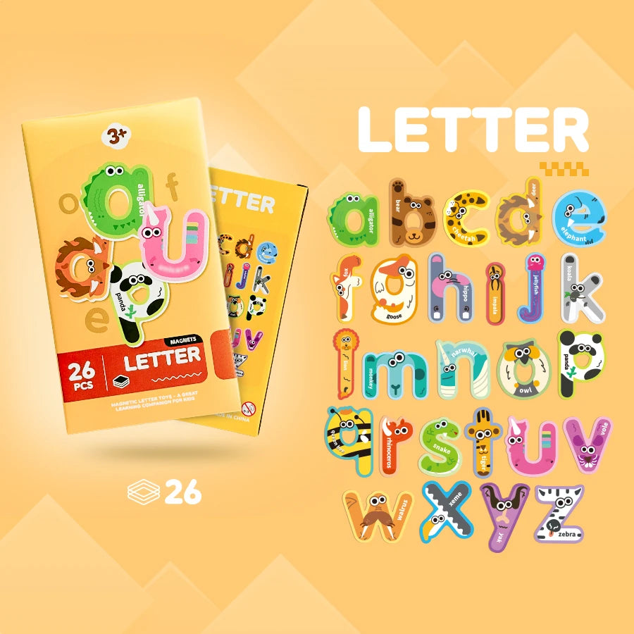 A set of magnetic letter tiles and numbers for learning, displayed on a yellow background.