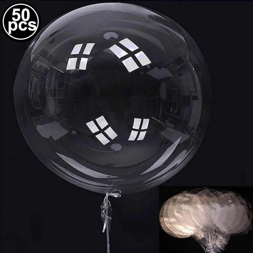 A clear balloon decorated with white window cutouts, shown next to a close-up of the balloon's texture.