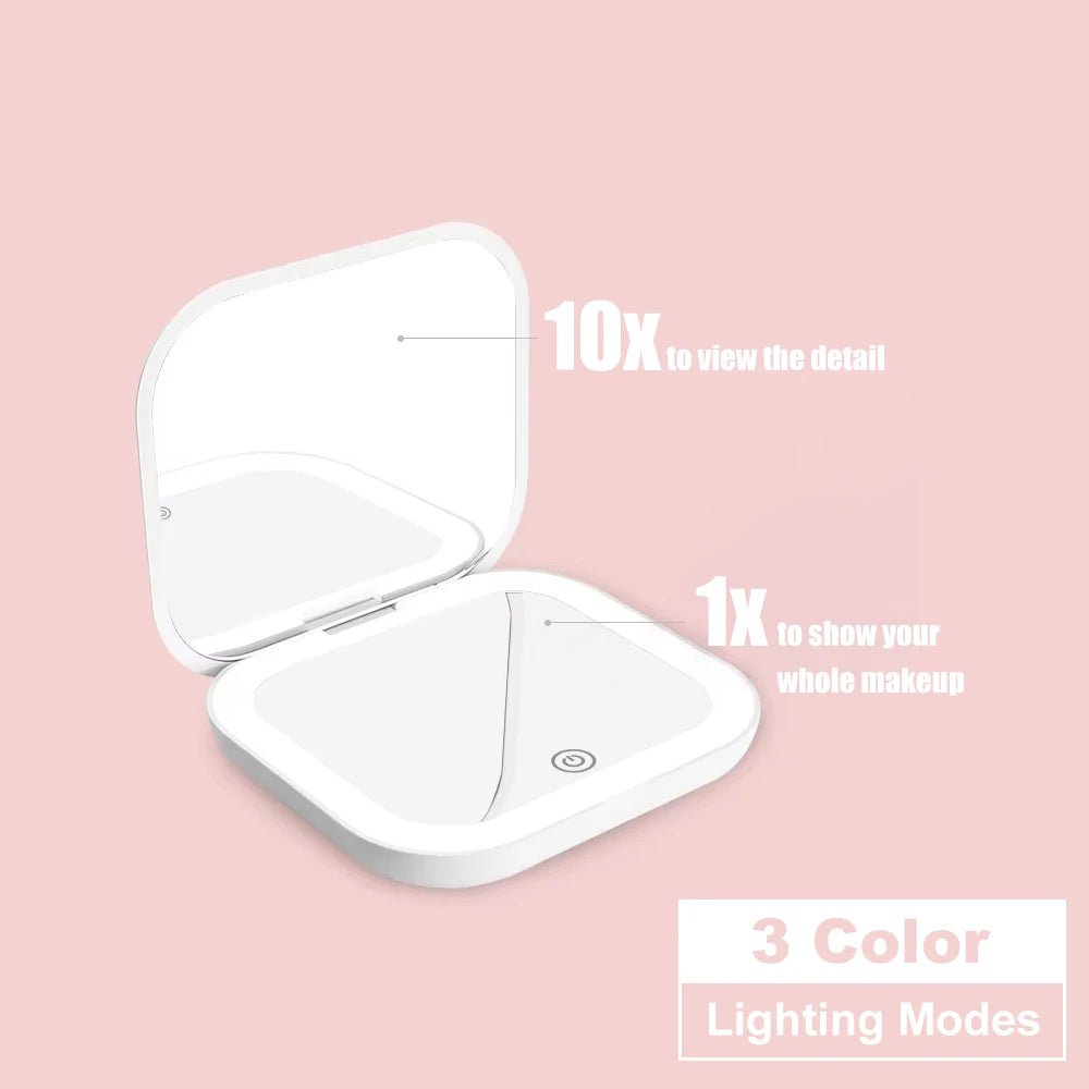 A portable folding makeup mirror with LED light shown in a pink background, highlighting 10x detail and 1x full view.