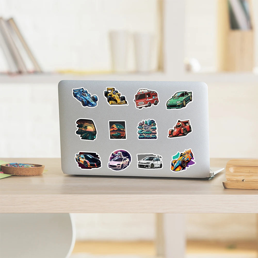 Un set de calcomanías de dibujos animados estéticas con varios vehículos, como un coche deportivo azul, una camioneta amarill