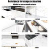 Reference images showing a marble pattern self-adhesive backsplash panel suitable for use on various surfaces like kitchens a