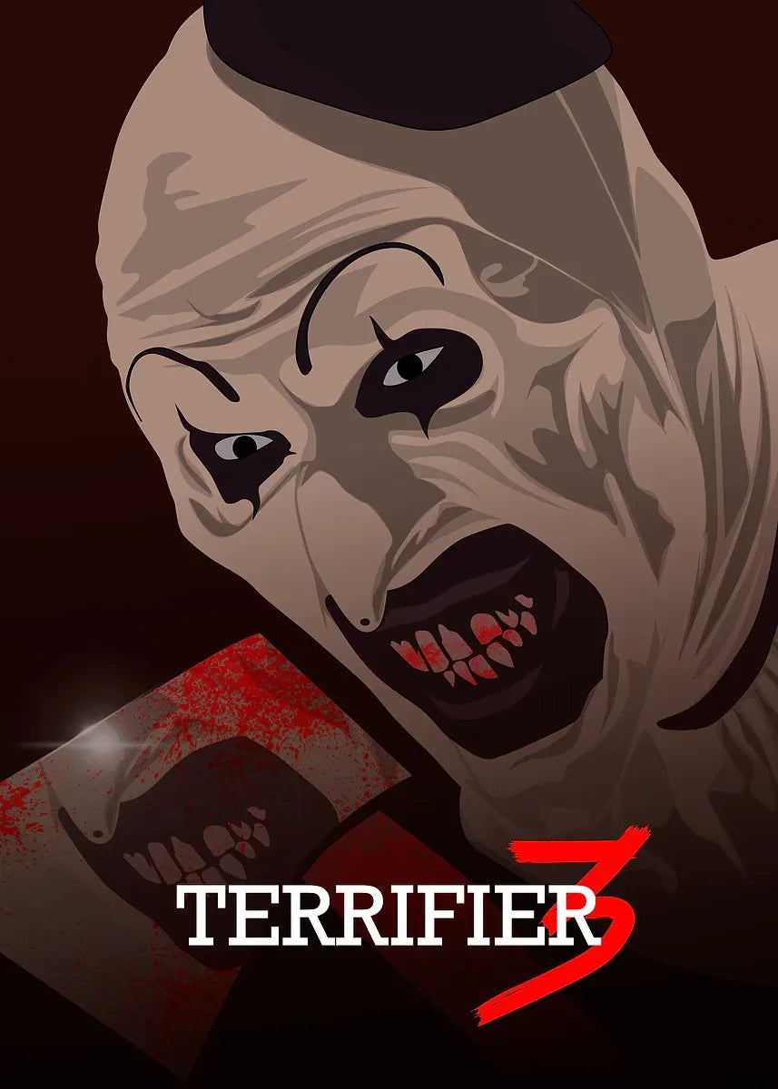 A stylized, menacing face with exaggerated features and blood effects, featuring the title Terrifier 3.