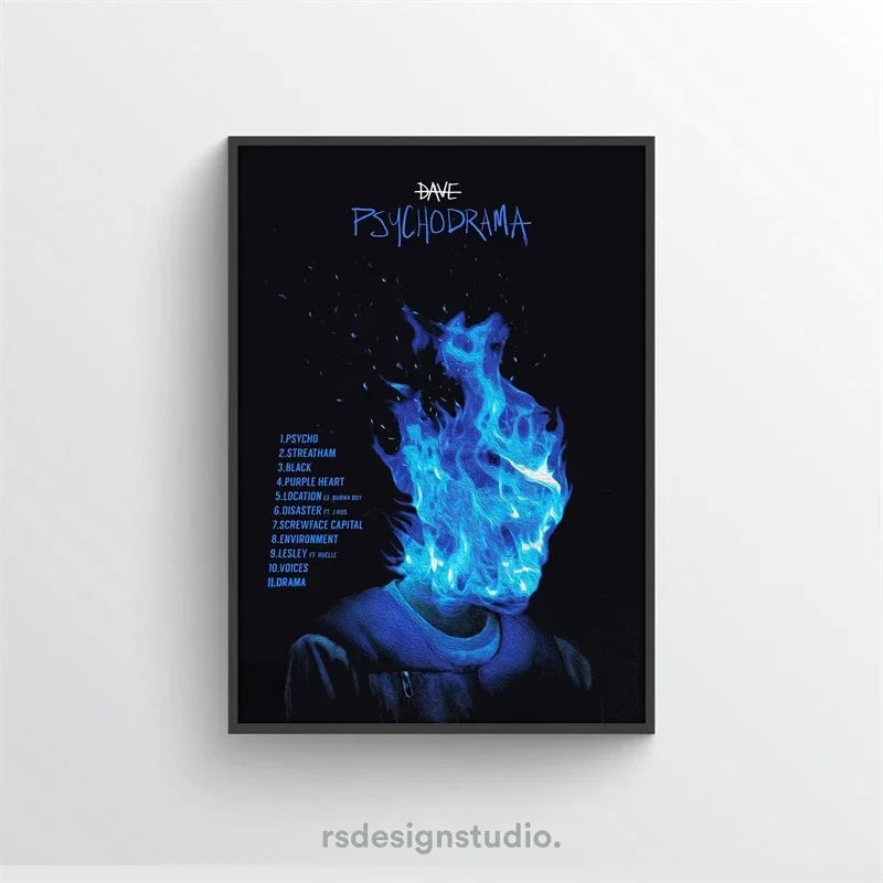 A black framed poster featuring the title PSYCHODRAMA in white text above a glowing blue flame design.
