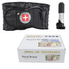 A black inflatable traction belt with a red cross emblem is shown alongside its packaging box.
