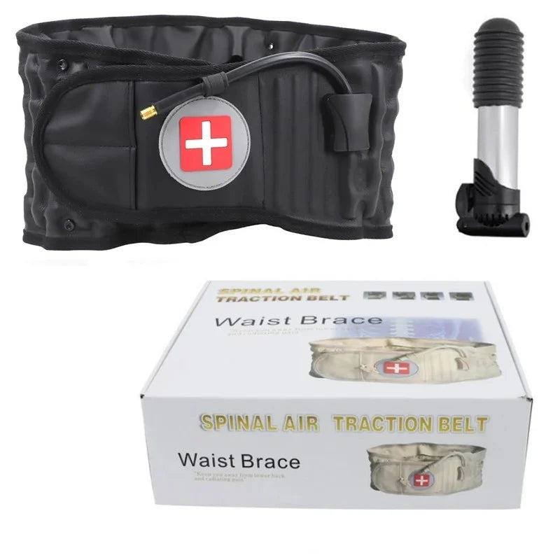 A black inflatable traction belt with a red cross emblem is shown alongside its packaging box.