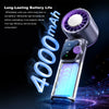 A handheld fan with a large battery is shown, demonstrating long-lasting battery life and cooling technology.