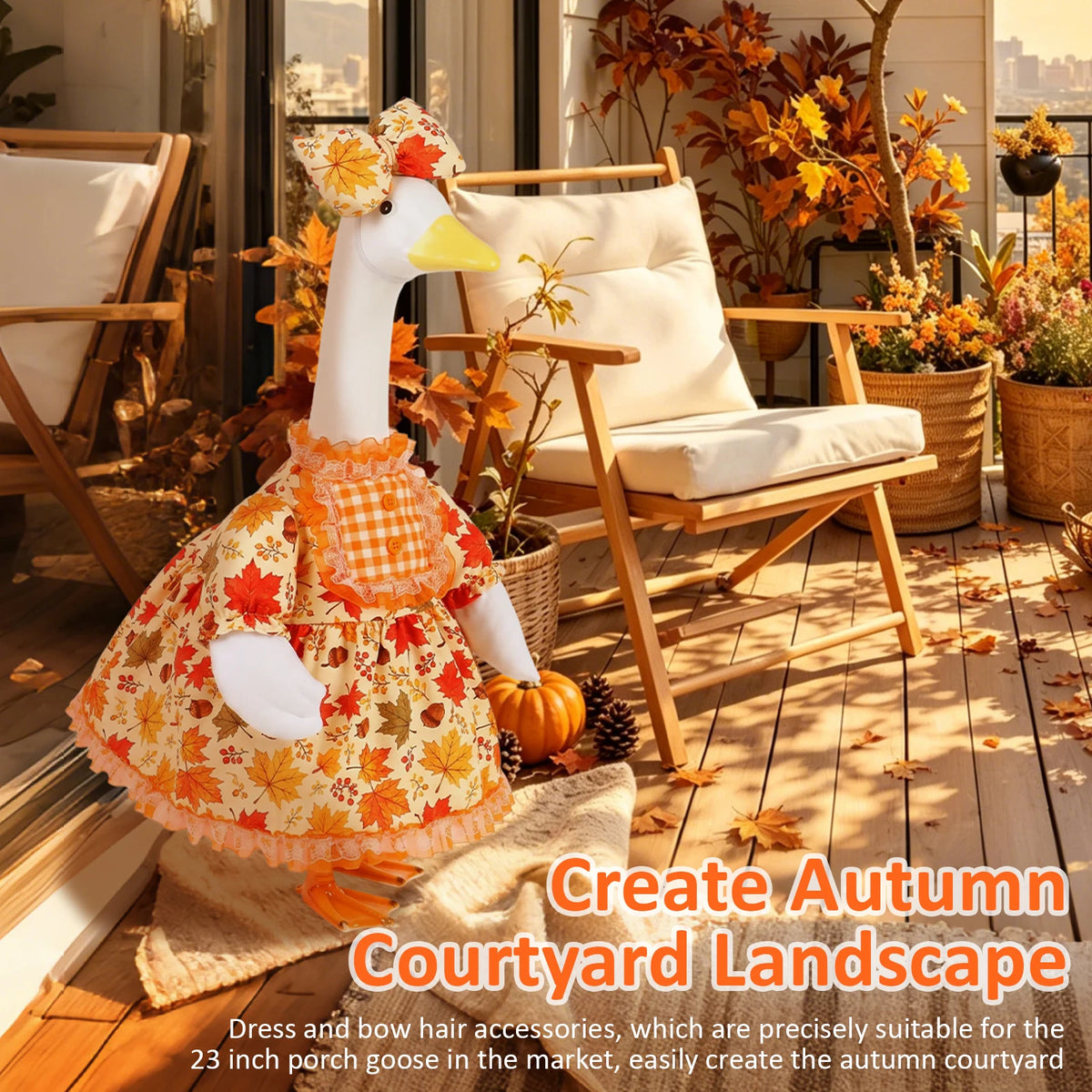A fall porch goose dress and bow hair accessory displayed outdoors on a wooden deck.