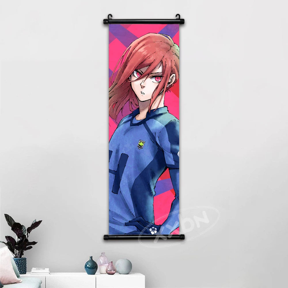 Anime canvas wall art featuring Isagi Yoichi and Chigiri Hyoma in a sports uniform against a pink background