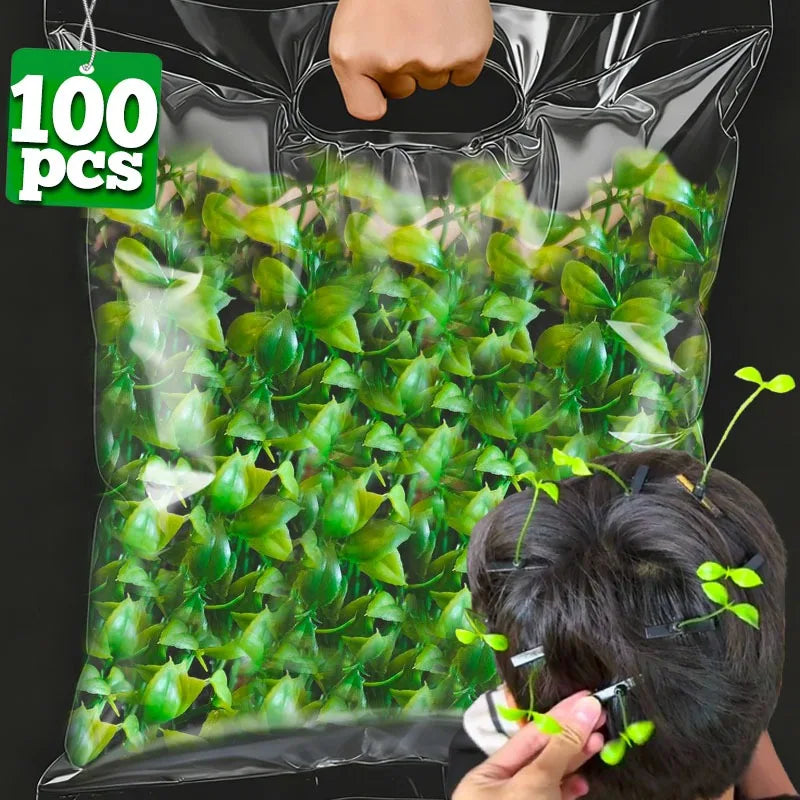 A clear plastic bag filled with green bean sprout hair clips and a hand placing them into dark hair.
