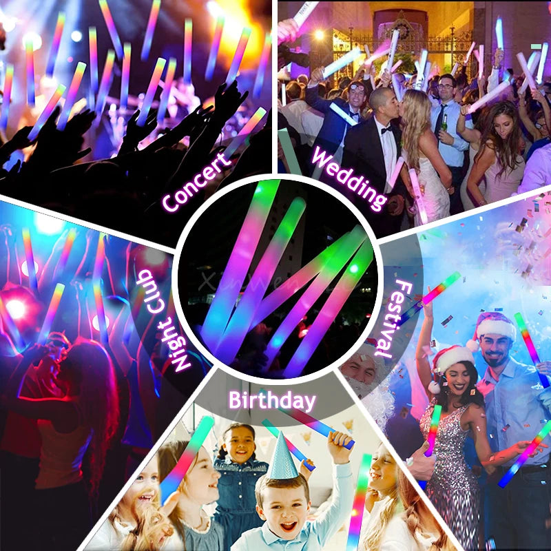 A collage showing people at a concert, wedding, festival, and birthday party using colorful RGB glow foam sticks.