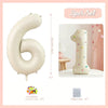A set of three 32 inch milky white aluminum foil number balloons, including a large six and a one.