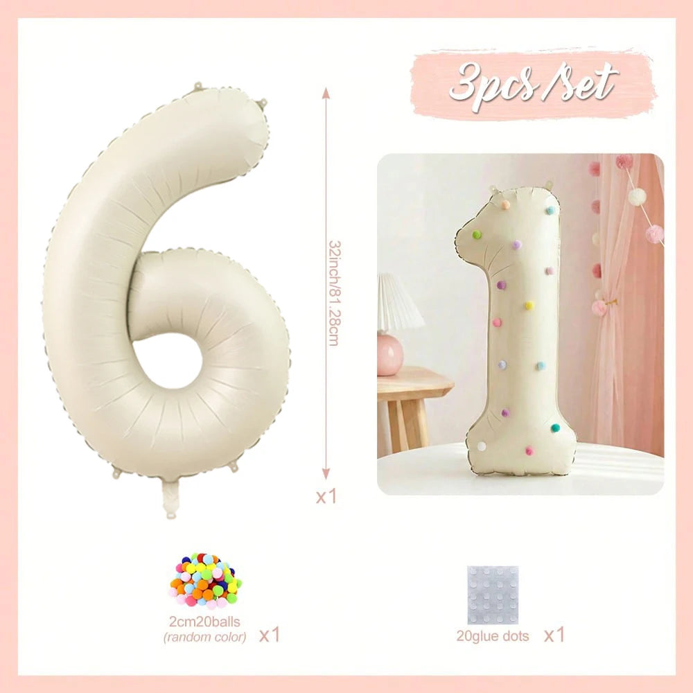 A set of three 32 inch milky white aluminum foil number balloons, including a large six and a one.