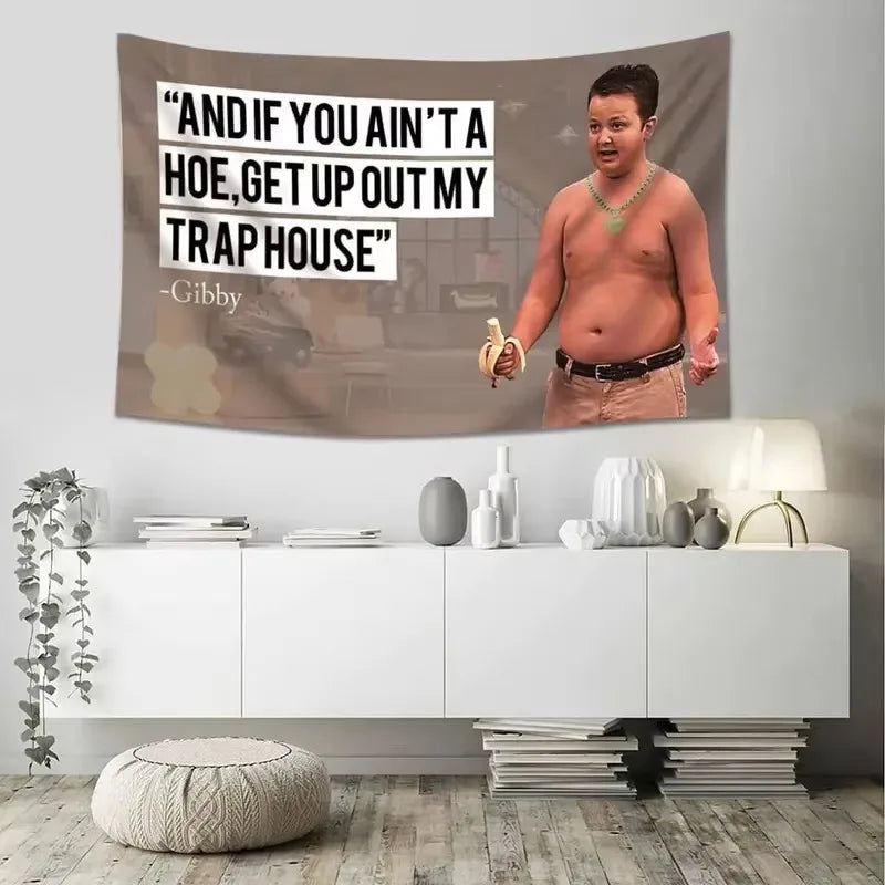 A wall hanging featuring a man with a beard and a shirt, displayed above white modern furniture.