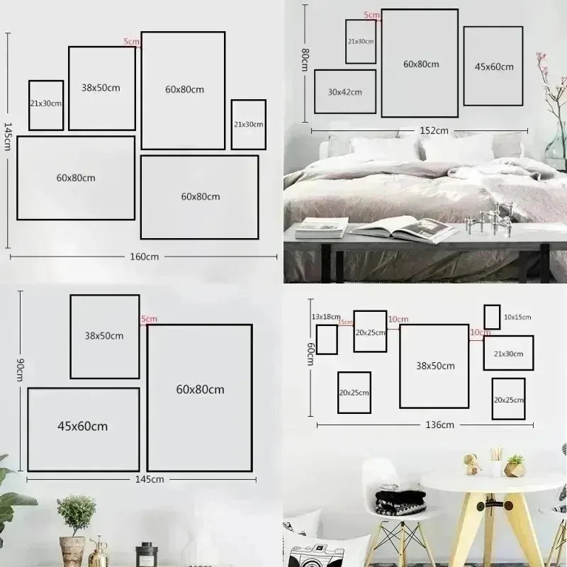 A set of framed canvas wall art featuring landscape scenes in various sizes and orientations.