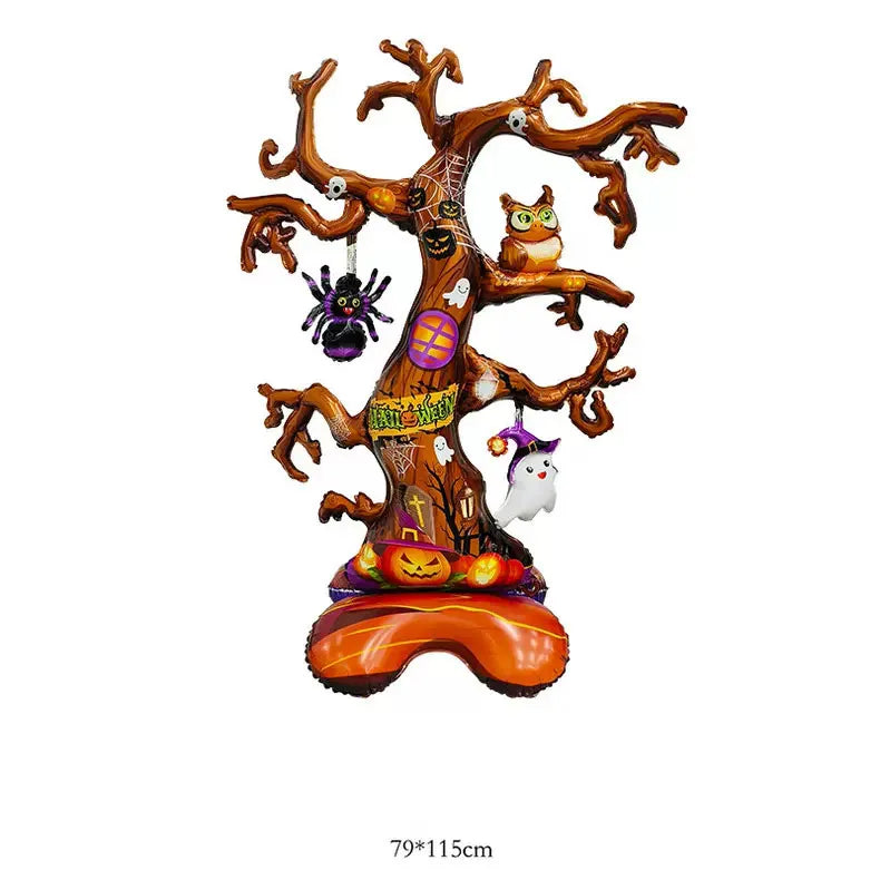 Large Halloween foil balloon display featuring a tree with bat, pumpkin, ghost, and monster designs