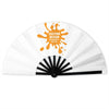 A white folding hand fan with an orange splash design and black ribs.