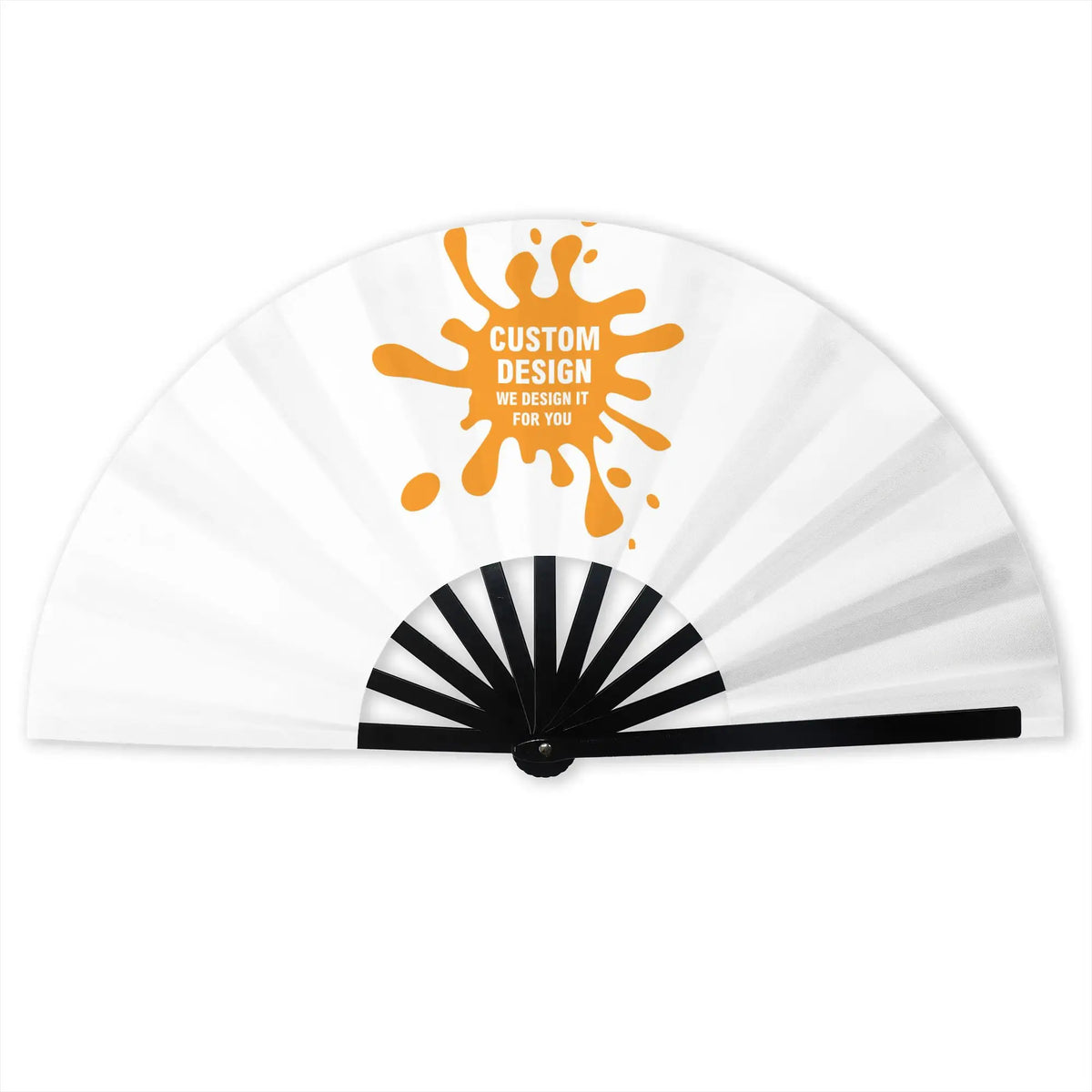 A white folding hand fan with an orange splash design and black ribs.