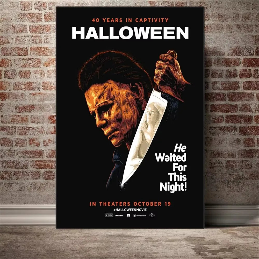 Poster for Halloween featuring Michael Myers with the text 40 Years in Captivity He Waited For This Night! In Theaters Octobe