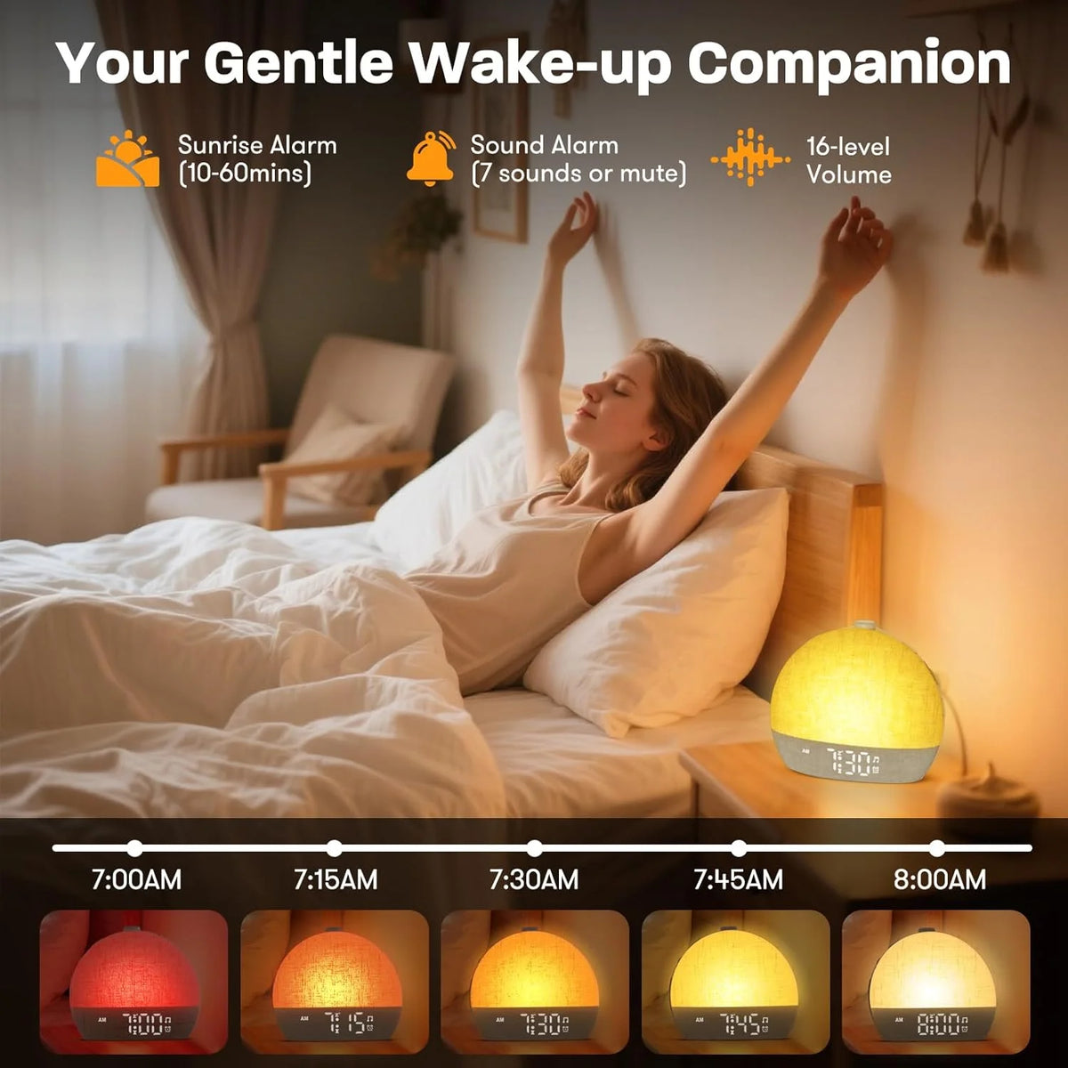 A woman is sleeping in bed next to a sunrise alarm clock, showing various light settings and sounds.