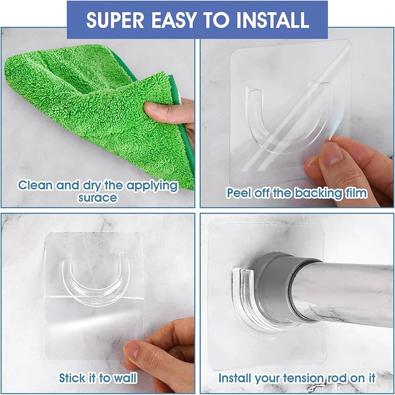 Instructions showing how to clean, peel, stick, and install self-adhesive curtain rod brackets on a wall.
