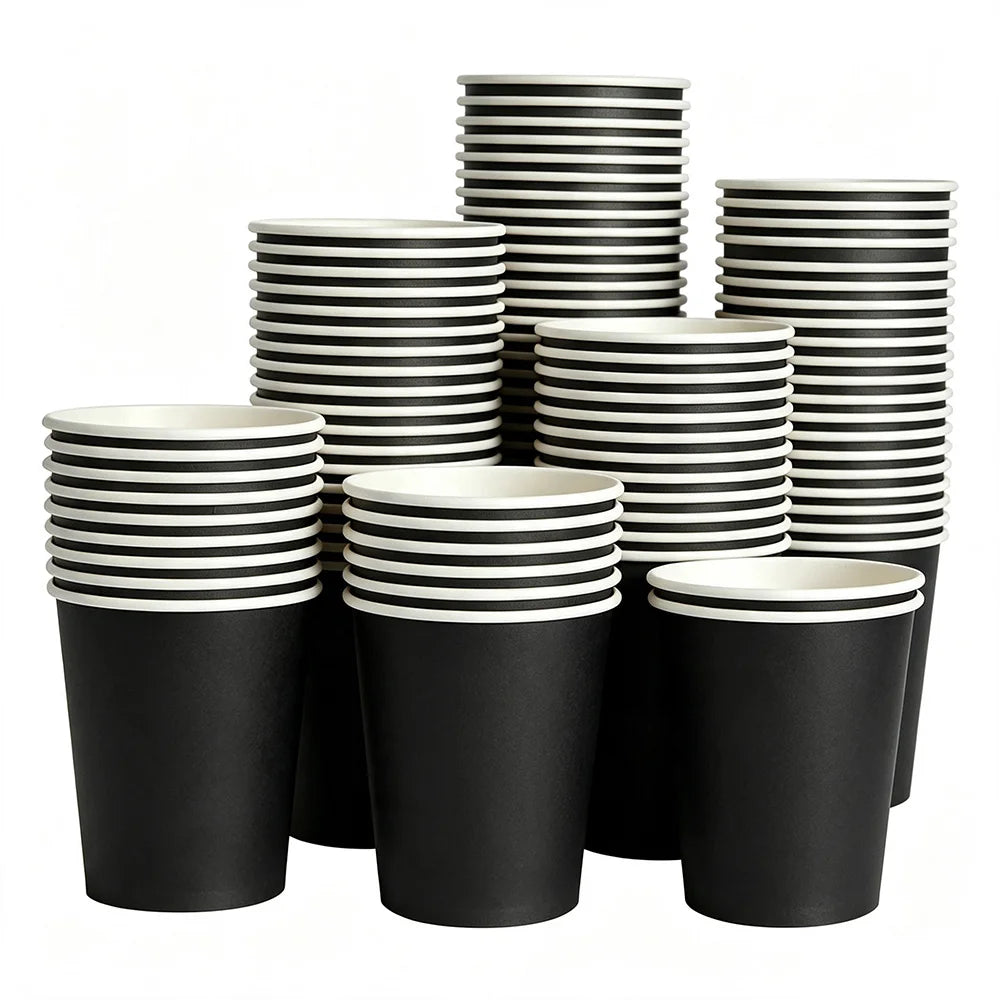 A stack of black and white striped disposable paper cups.