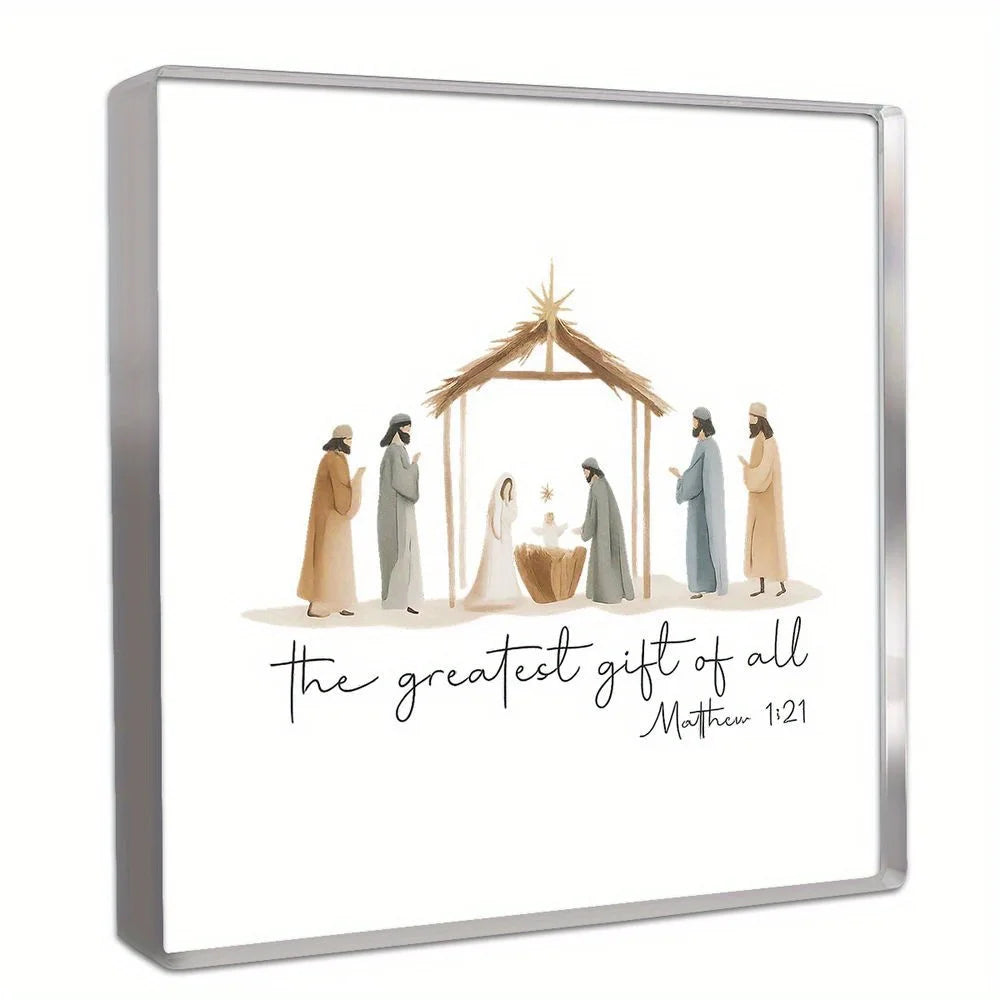 A framed print featuring a depiction of the greatest gift of all from Matthew 1:21 with figures in robes.