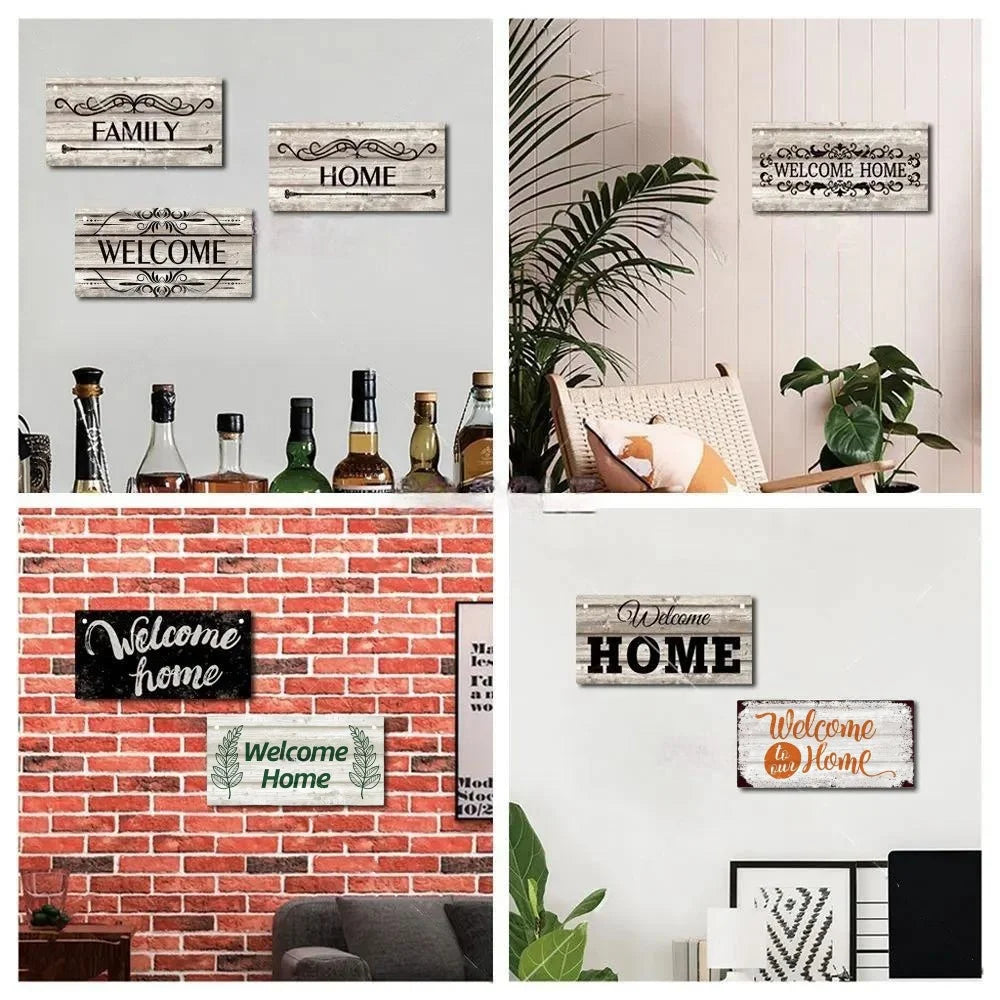 A collection of rustic wooden hanging signs with words like Family, Home, and Welcome displayed on a white wall.