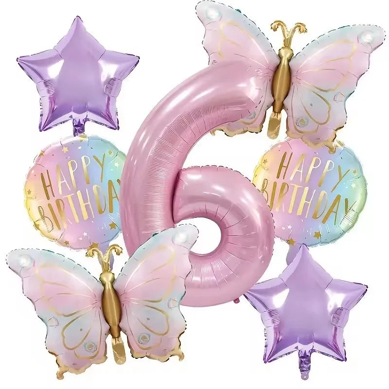 A set of seven pink butterfly and number balloons for a birthday party decoration