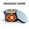 A massage candle in an anti-scalding tin with an orange flame and decorative floral design.